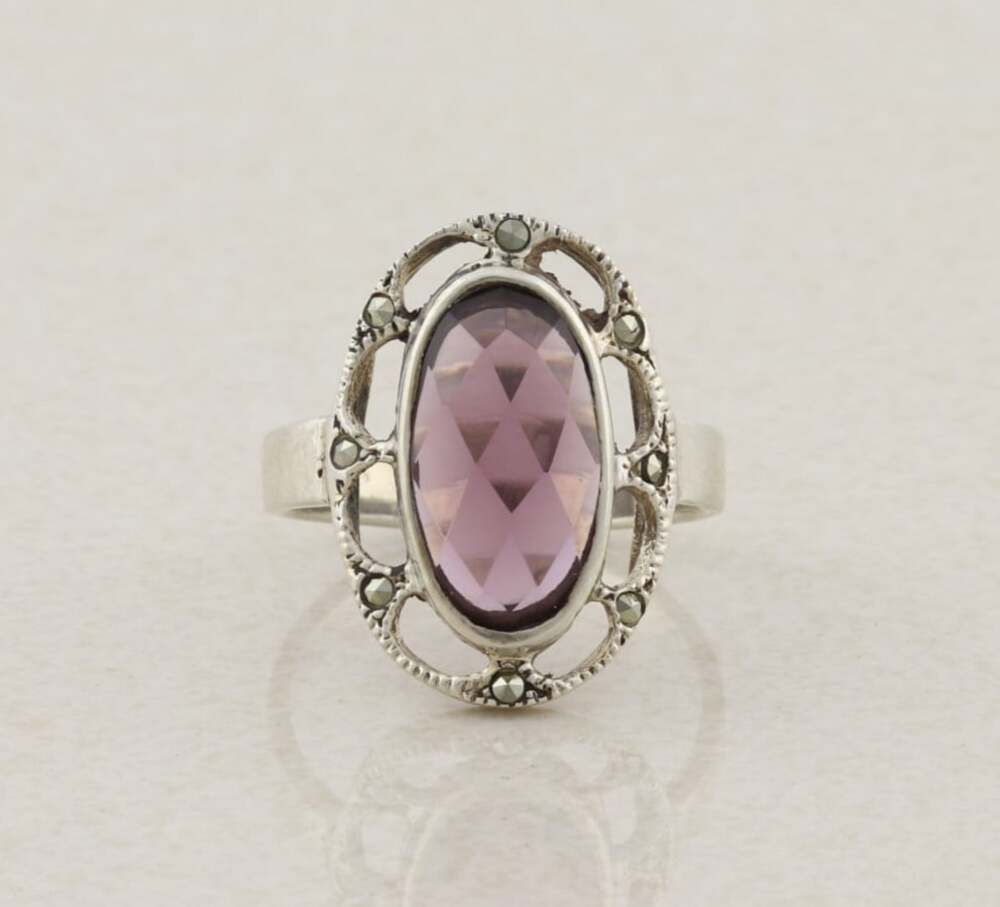 Sterling Silver Cushion Cut Purple CZ and Marcasite Ring Size 8 1/4